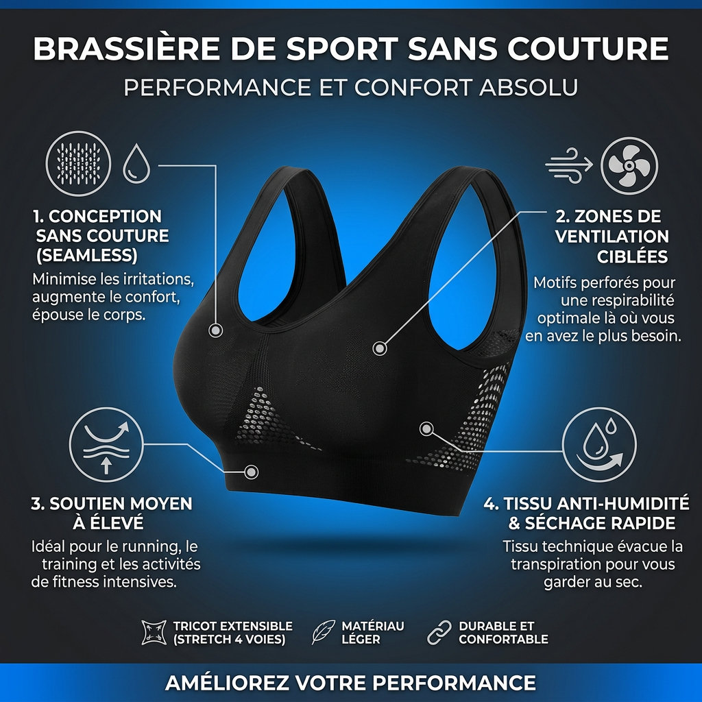 Soutien-gorge sport grande taille sans armature,  mesh respirant, maintien fort, S à 5XL