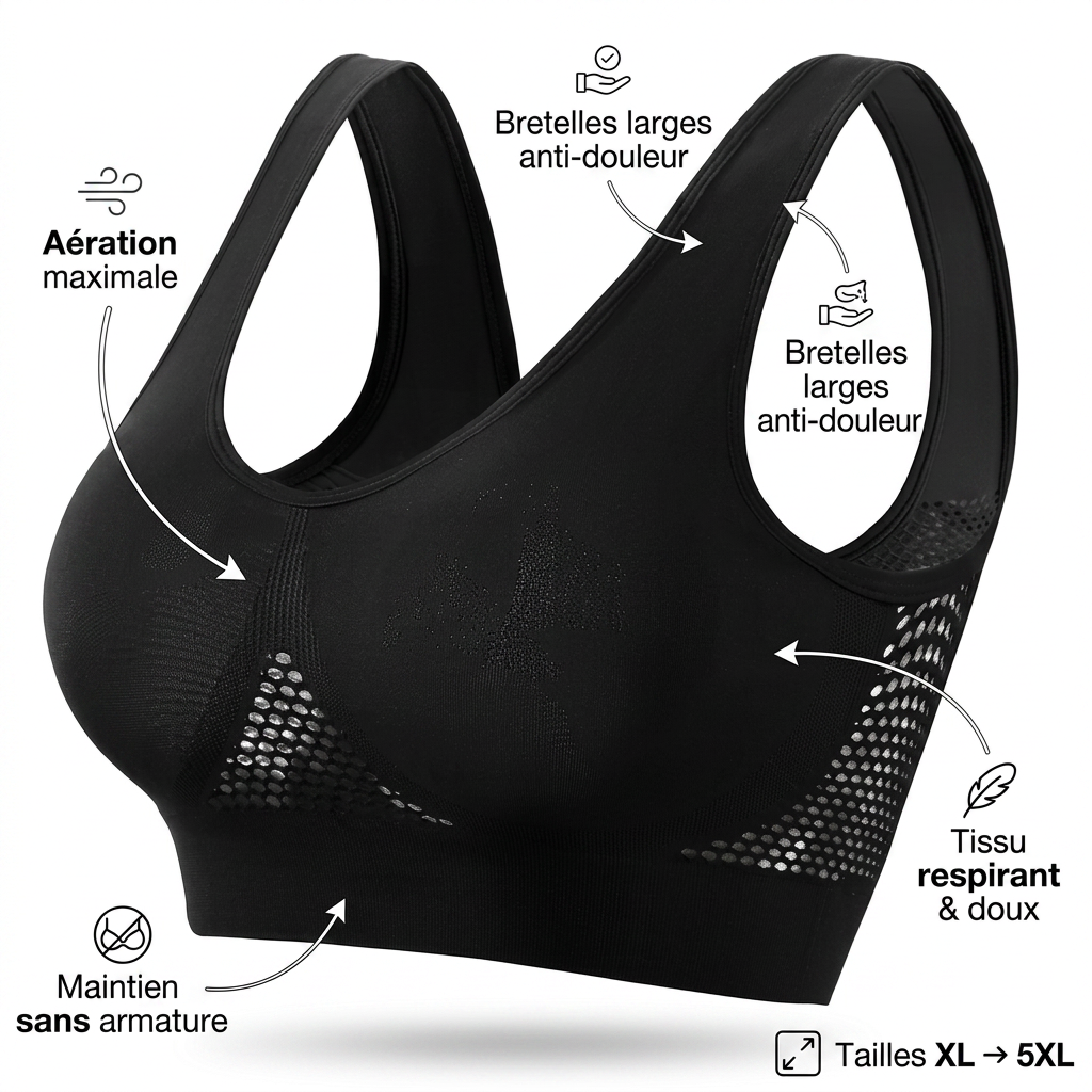 Soutien-gorge sport grande taille sans armature,  mesh respirant, maintien fort, S à 5XL